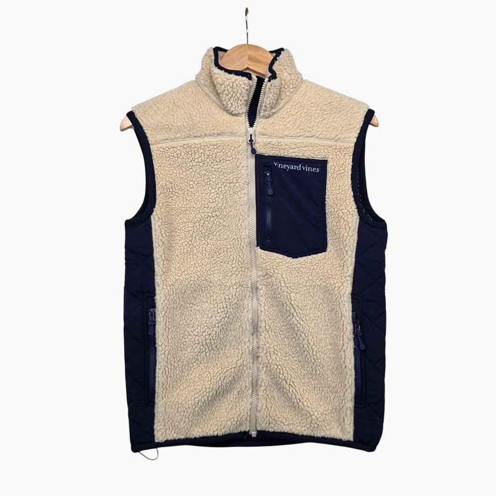 Vineyard Vines Mens XS Sherpa Fleece Vest Navy Blue Quilted Mixed Media Full Zip